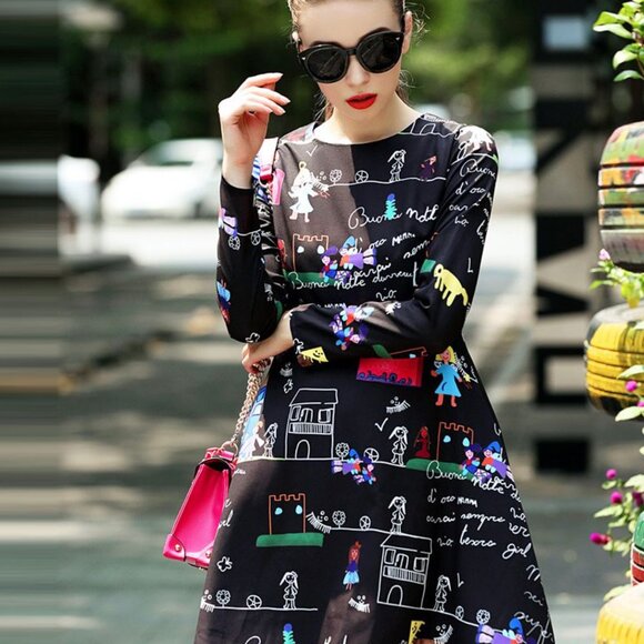 School Print Illustraded Midi Dress XS - Picture 1 of 8